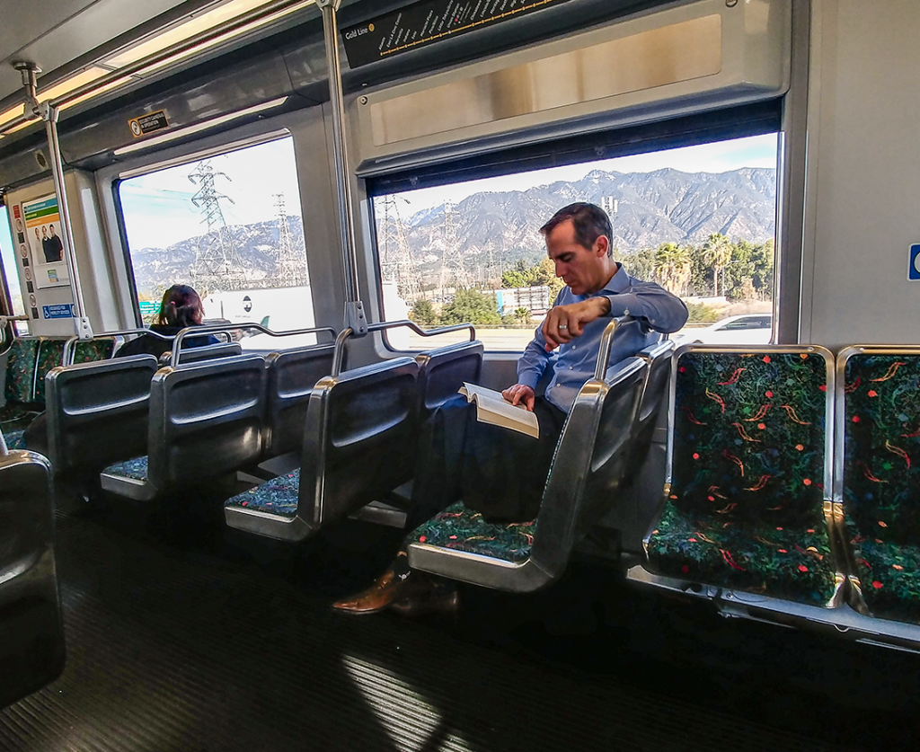 Los Angeles Mayor Eric Garcetti riding the Gold Line train