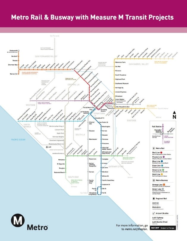 map of Los Angeles rail and bus rapid transit expected to be completed by 2020